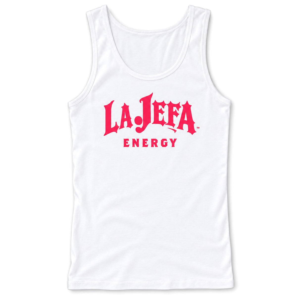 A white sleeveless tank top with 'LA JEFA ENERGY' printed in a bold red gothic font on the front, displayed against a plain white background.