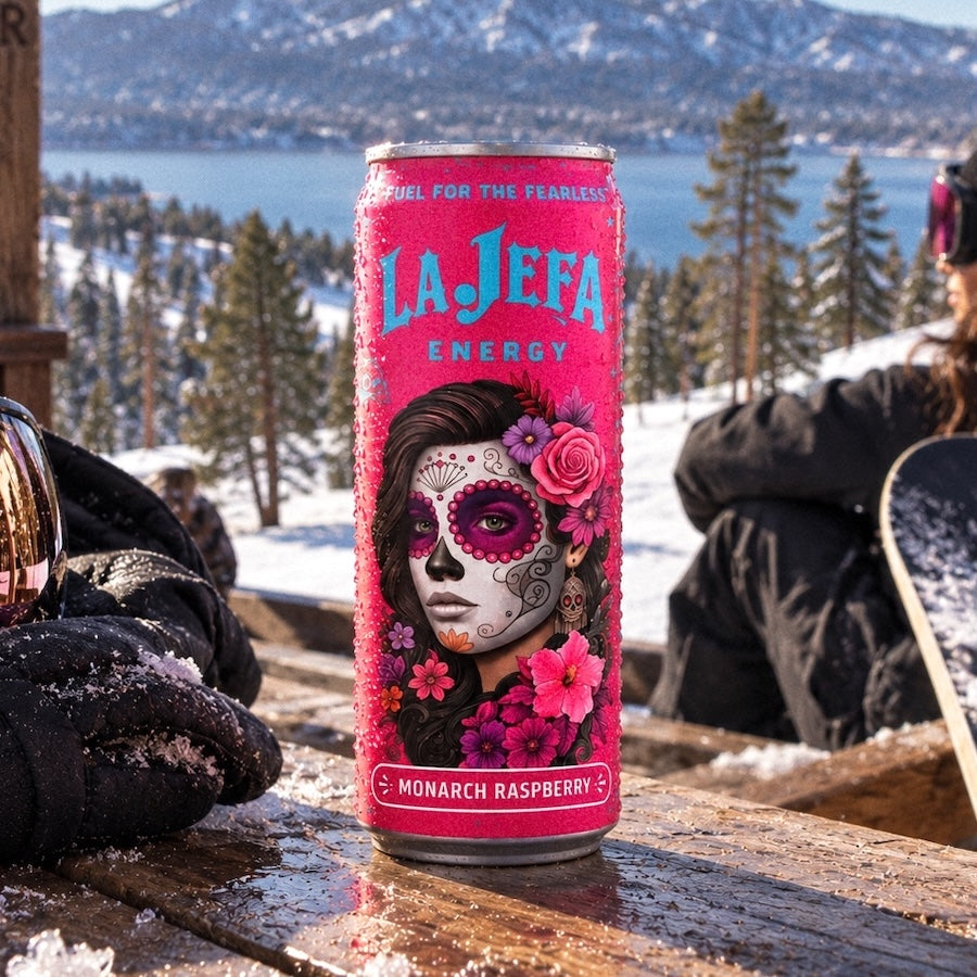 A can of La Jefa Energy Monarch Raspberry beverage stands on a snowy wooden deck with a mountain and lake landscape in the background. The can features a bright pink design with a Dia de los Muertos-style face illustration and floral accents.