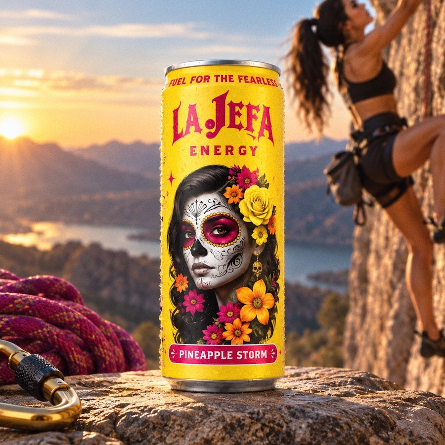 A can of La Jefa Energy drink stands on a rock in an outdoor mountain setting at sunset, with a woman climbing a cliff in the background. The can is bright yellow with red and pink branding and a Day of the Dead style face illustration decorated with flowers.