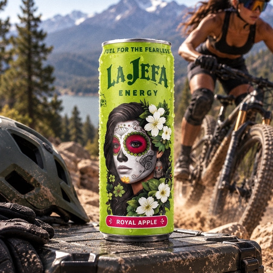 A La Jefa Energy Royal Apple canned beverage is prominently displayed in the foreground on a mountain bike trail, with a cyclist blurred in the background and a helmet in the left foreground.