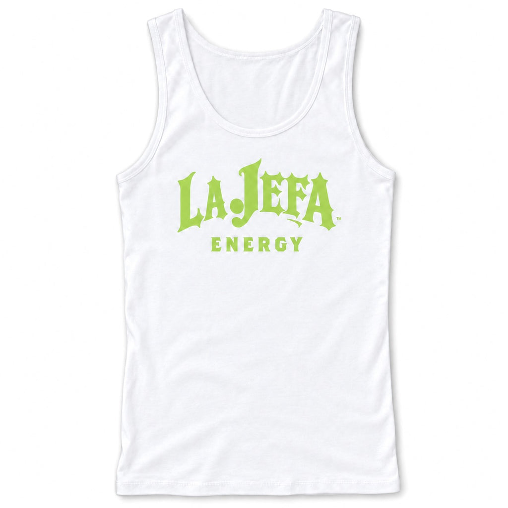 A white sleeveless tank top with a bright lime green graphic on the front reading 'LA JEFA ENERGY' in a stylized font, shown against a plain white background.