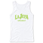 A white sleeveless tank top with a bright lime green graphic on the front reading 'LA JEFA ENERGY' in a stylized font, shown against a plain white background.