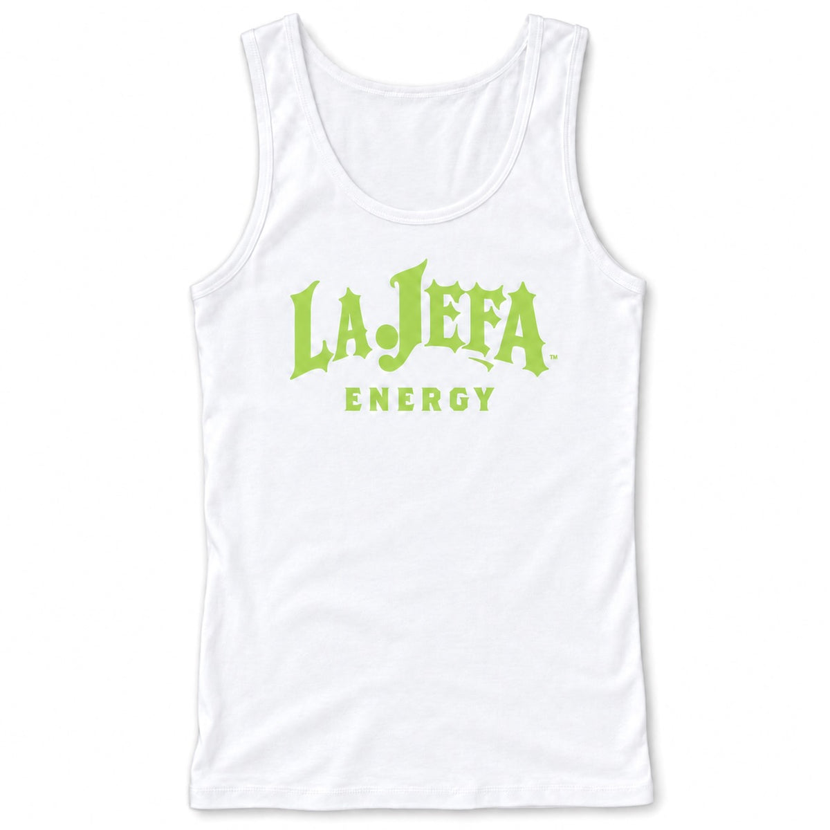 A white sleeveless tank top with a bright lime green graphic on the front reading 'LA JEFA ENERGY' in a stylized font, shown against a plain white background.
