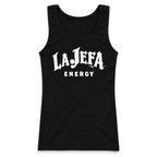 A black sleeveless tank top with a white graphic print reading 'LA JEFA ENERGY' on the front, displayed against a solid white background.
