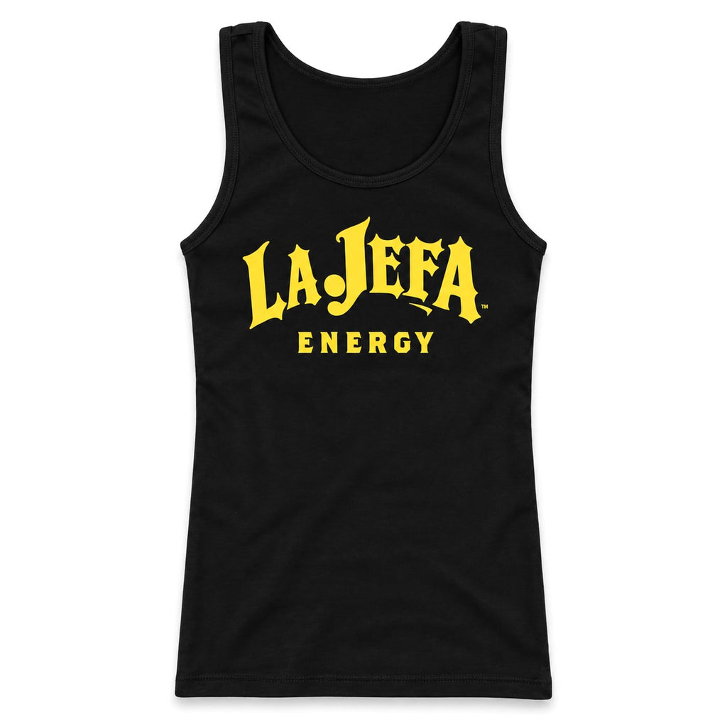 A black sleeveless tank top with 'LA JEFA ENERGY' printed in yellow across the chest, shown on a plain white background.