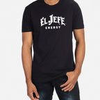 Person wearing a black t-shirt with 'El Jefe Energy' text on a white background