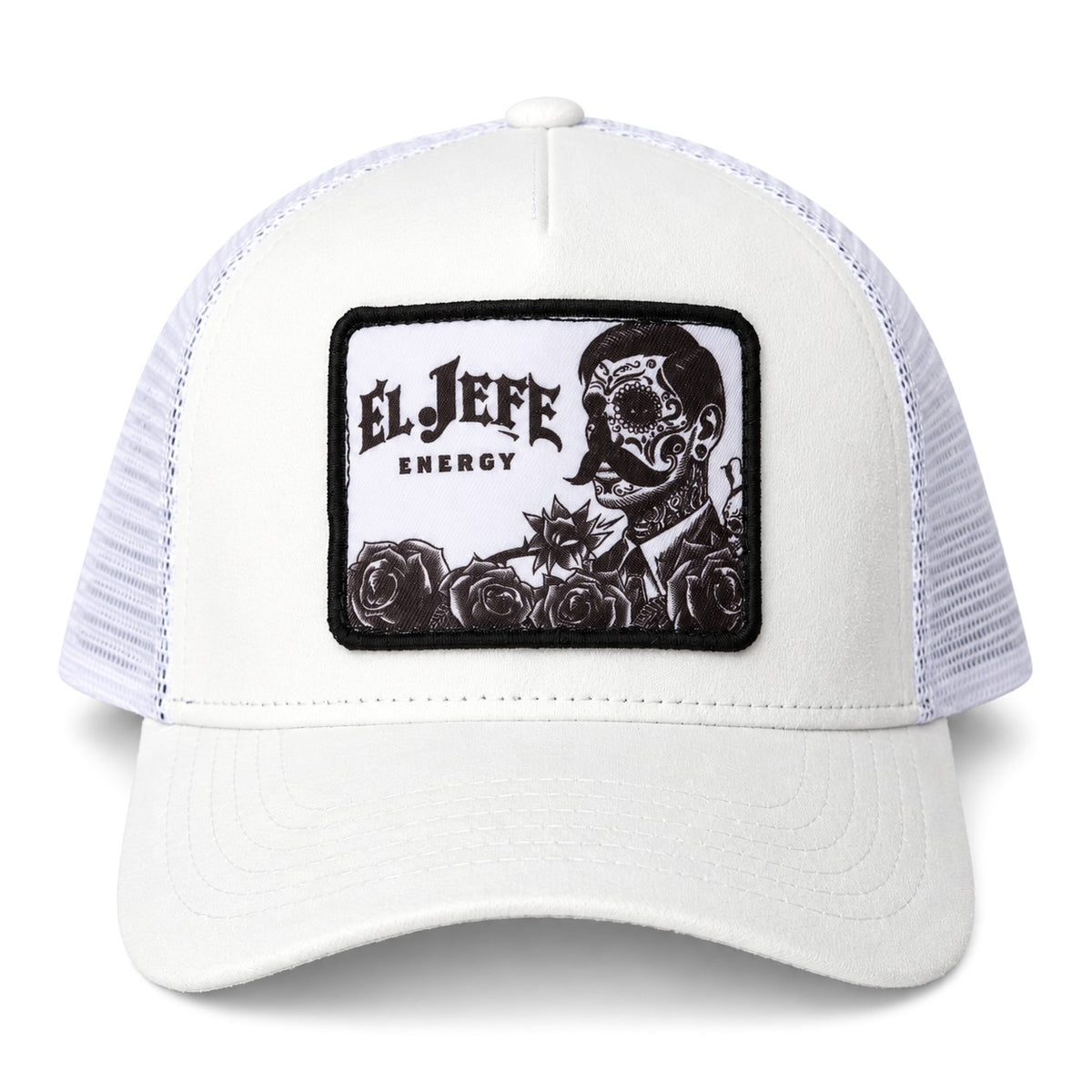 A white suede trucker hat with white mesh side panels and a black rectangular patch on the front featuring the text 'EL JEFE ENERGY' and a black-and-white skull illustration with roses.
